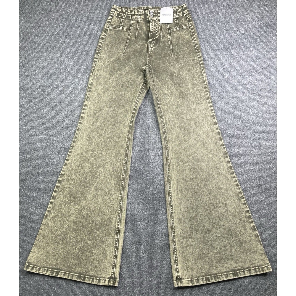 Forever‎ 21 Flare Jeans Womens Small Olivine Acid Wash High Rise Pintuck Denim